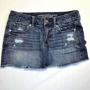 American Eagle Blue Denim Mini Skirt Size 4 Destressed Raw Hem Y2K Style EUC